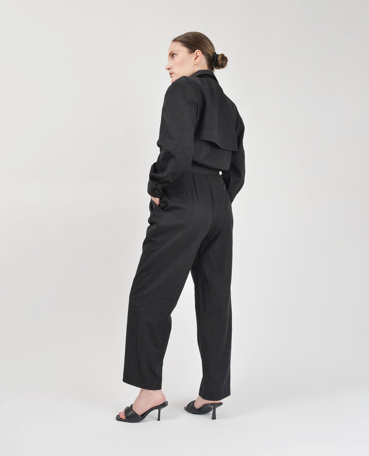 Vintage 80s Black Wool Jumpsuit Collared Button Down High Waisted Tapered Leg Pantsuit S