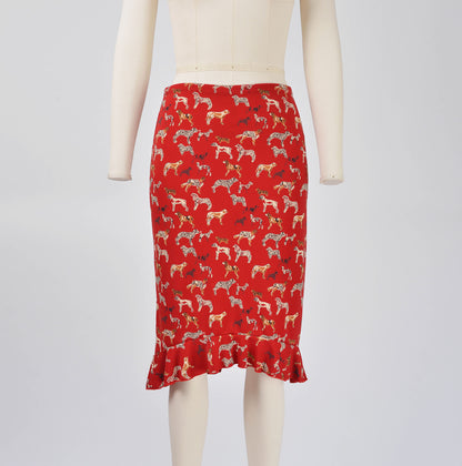 Vintage 90s Y2K Esprit Red Cute Dog Print Stretchy Knit Skirt with Ruffle Hem size XS