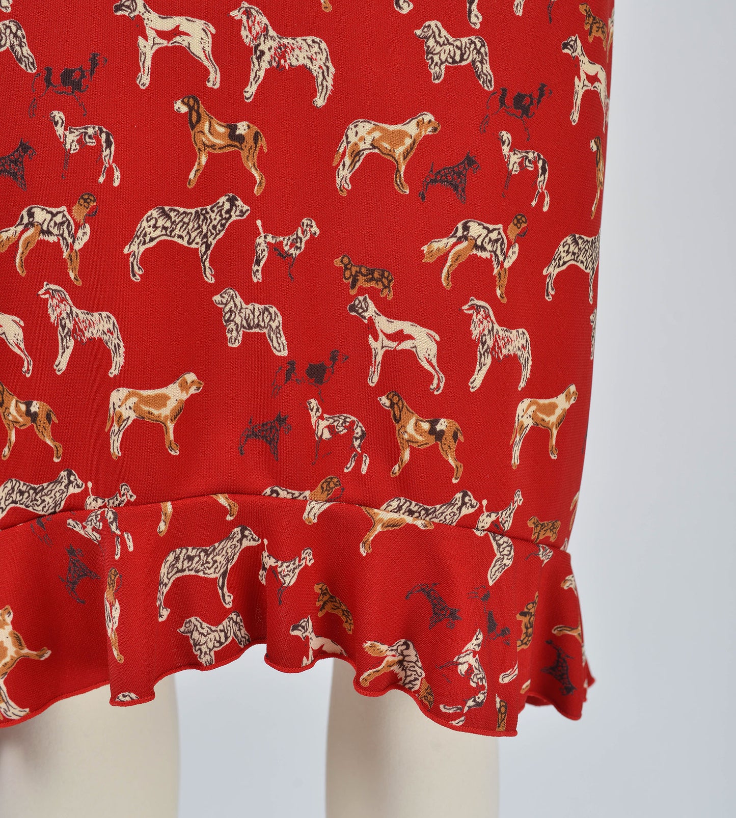 Vintage 90s Y2K Esprit Red Cute Dog Print Stretchy Knit Skirt with Ruffle Hem size XS