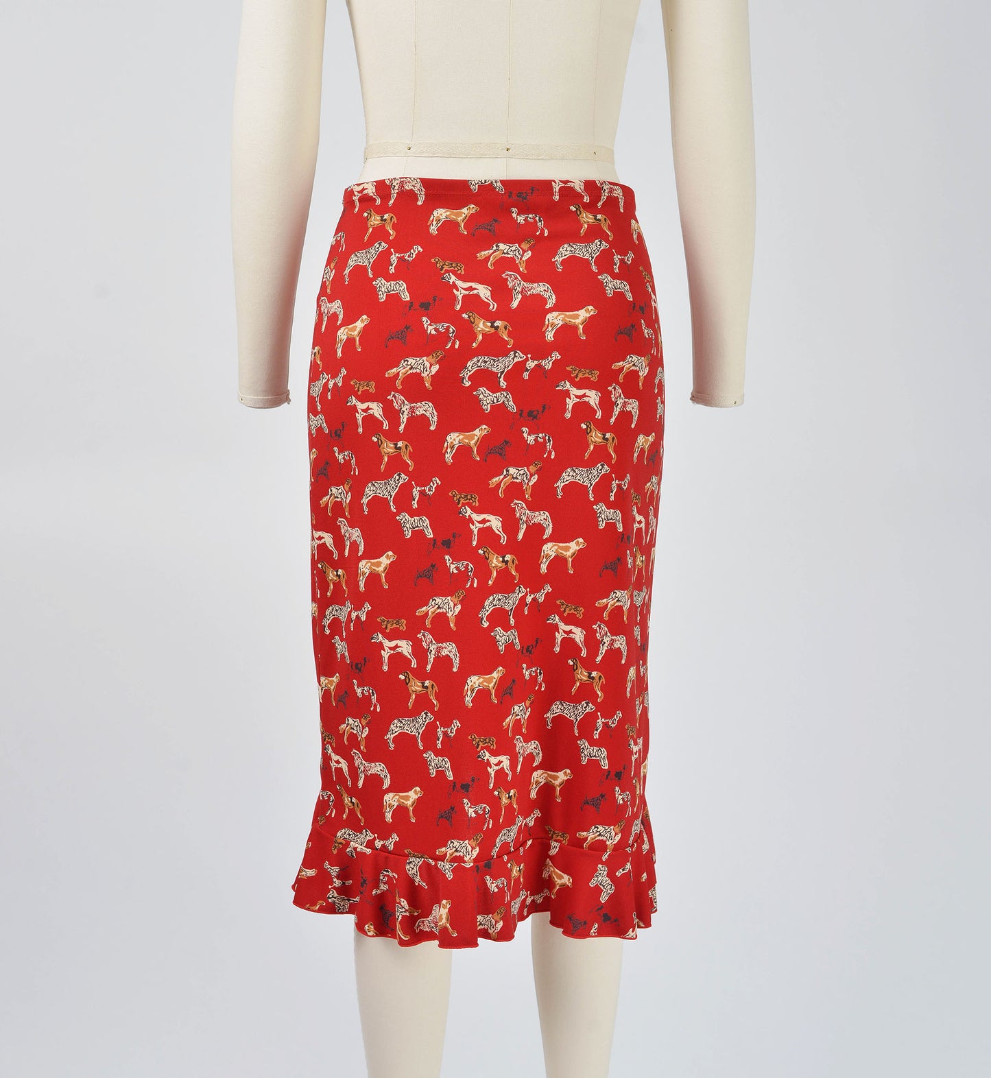 Vintage 90s Y2K Esprit Red Cute Dog Print Stretchy Knit Skirt with Ruffle Hem size XS