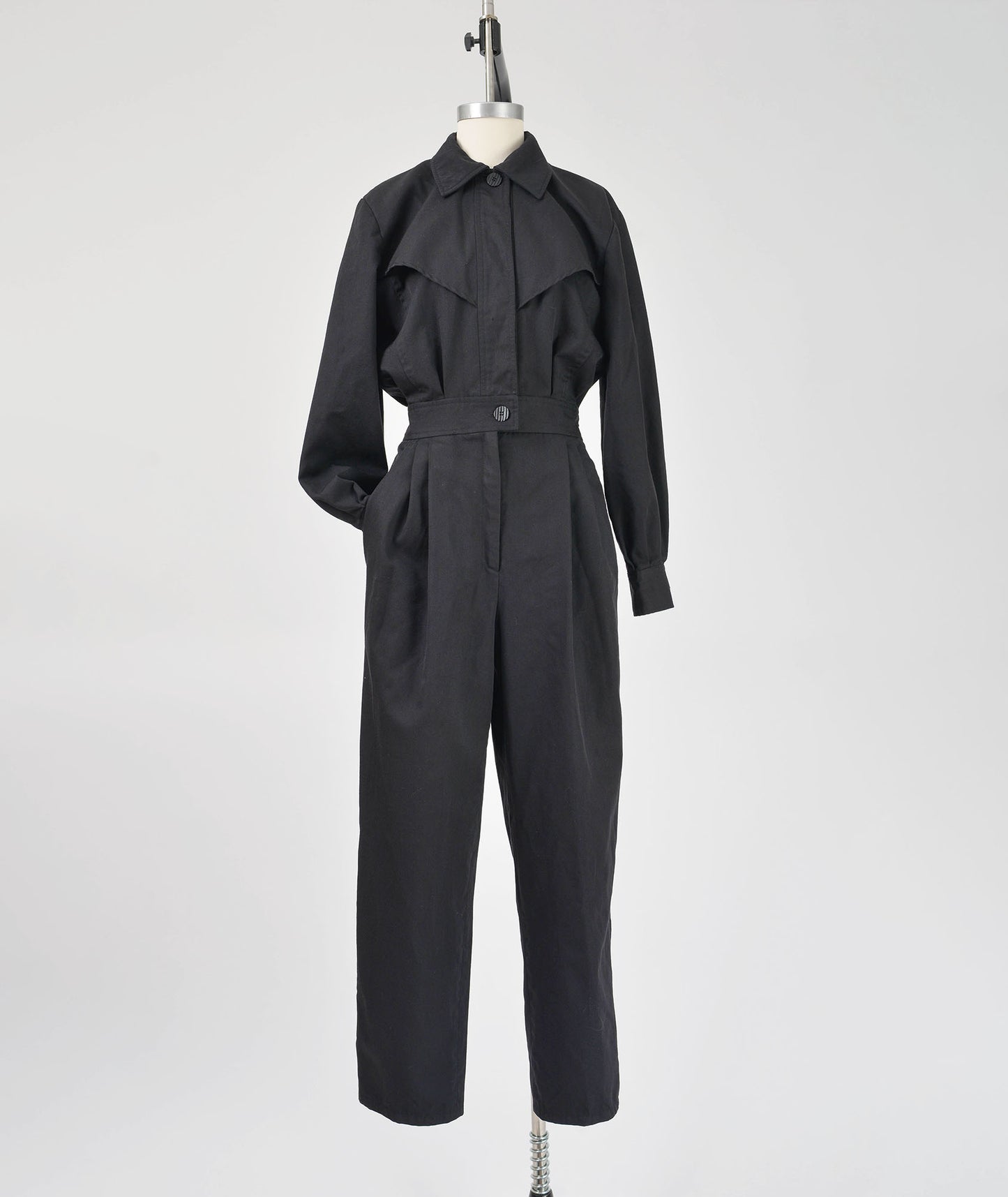 Vintage 80s Black Wool Jumpsuit Collared Button Down High Waisted Tapered Leg Pantsuit S