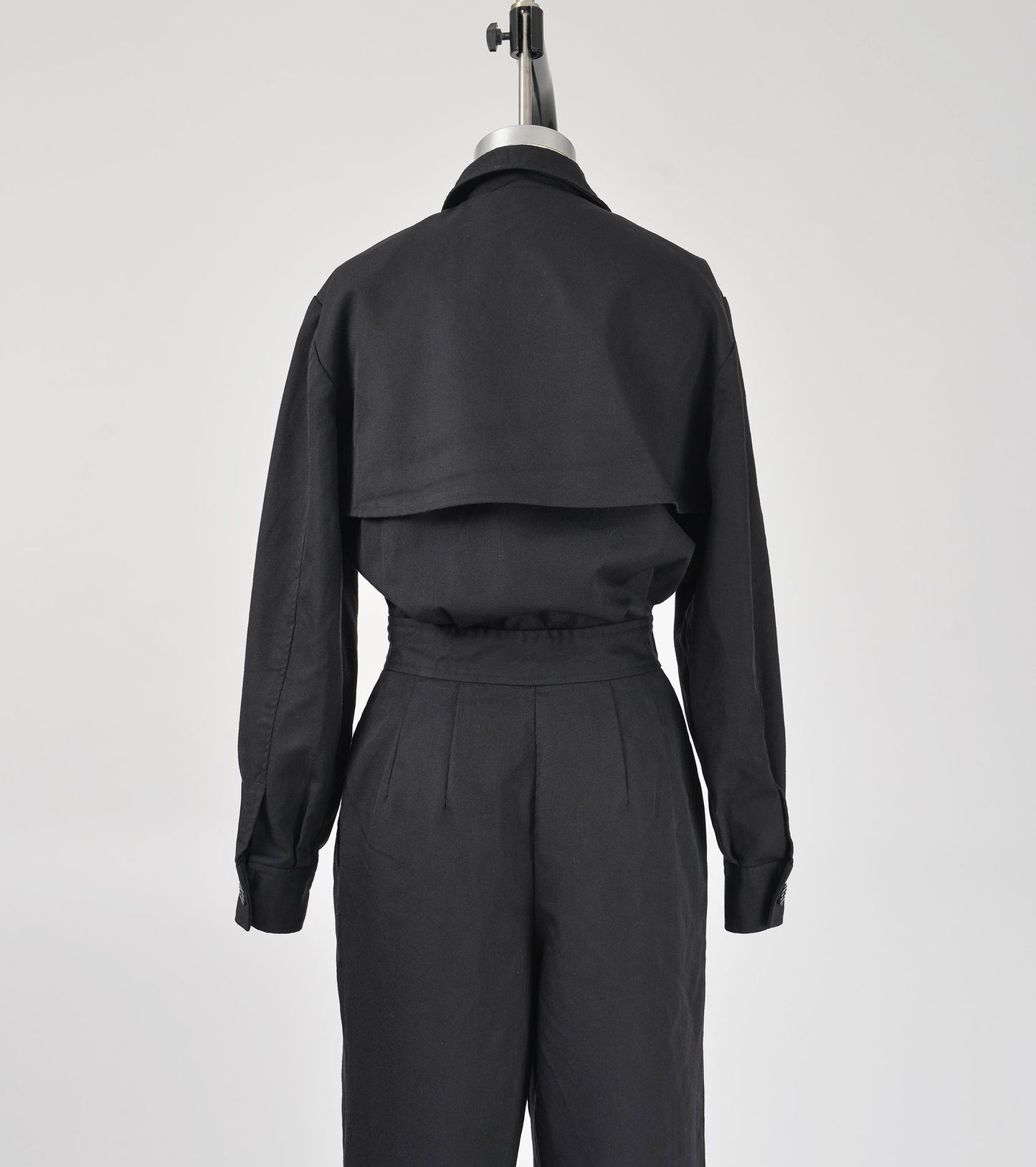 Vintage 80s Black Wool Jumpsuit Collared Button Down High Waisted Tapered Leg Pantsuit S