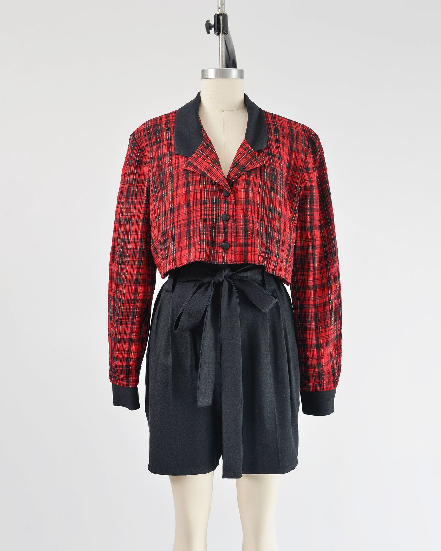 Vintage 90s Red and Black Plaid Cropped Blouse Layered Romper with Tie Belt size L