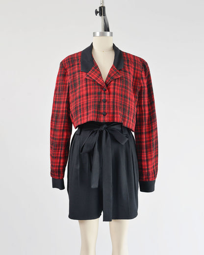 Vintage 90s Red and Black Plaid Cropped Blouse Layered Romper with Tie Belt size L