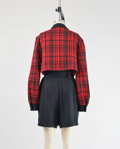 Vintage 90s Red and Black Plaid Cropped Blouse Layered Romper with Tie Belt size L