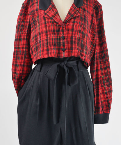 Vintage 90s Red and Black Plaid Cropped Blouse Layered Romper with Tie Belt size L