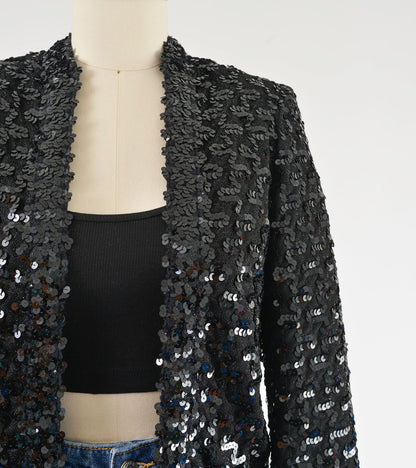 Vintage 70s Black Sequin Sparkle Knit Jacket size XS S