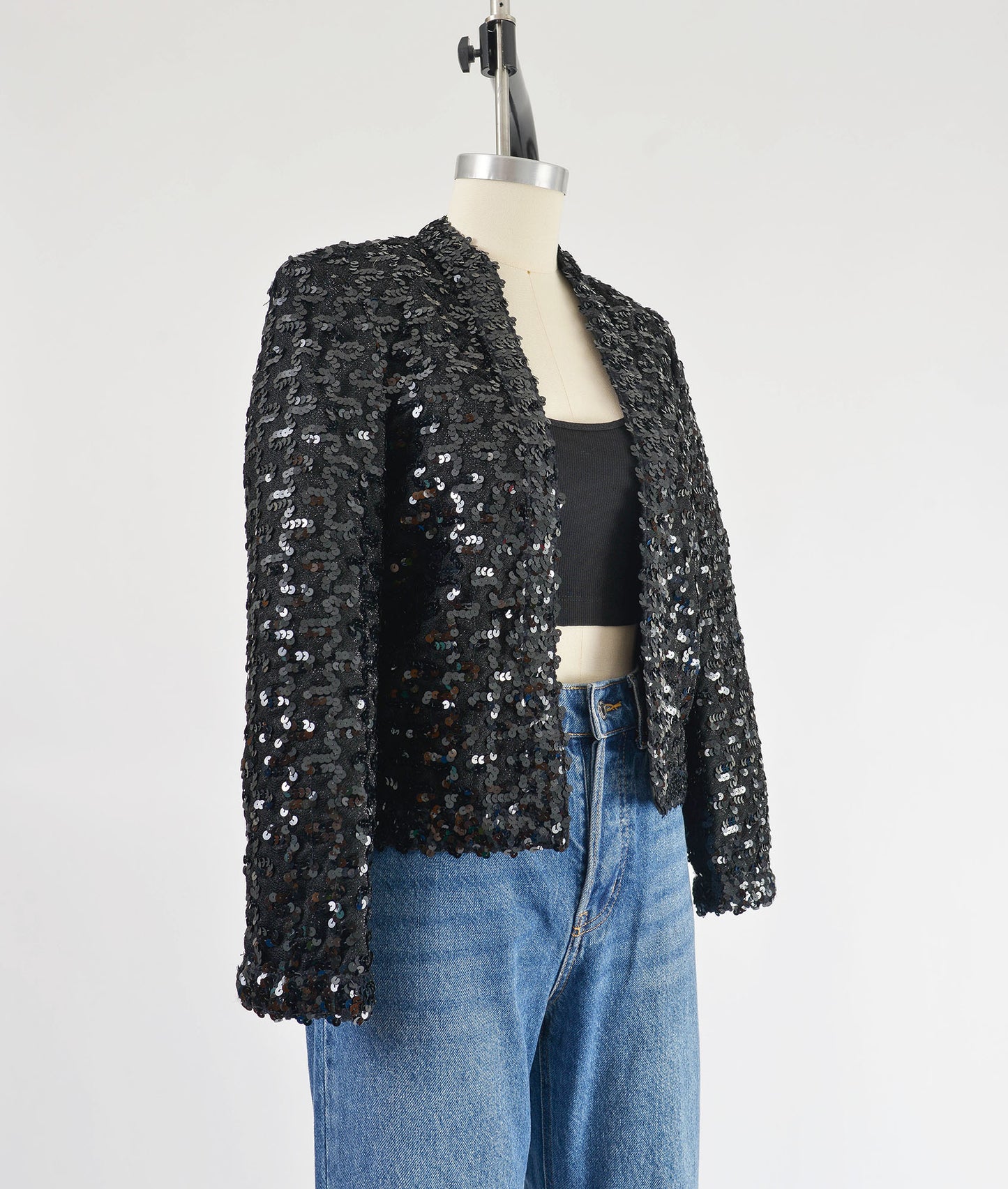 Vintage 70s Black Sequin Sparkle Knit Jacket size XS S