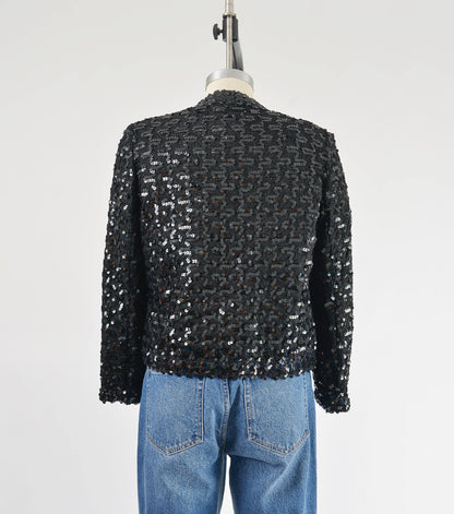 Vintage 70s Black Sequin Sparkle Knit Jacket size XS S