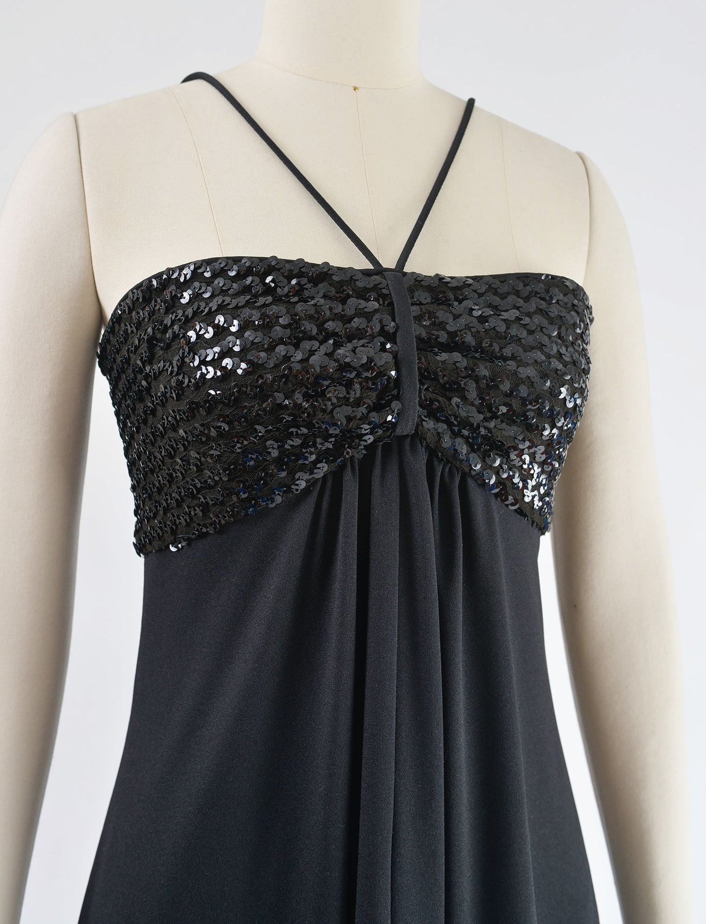 Vintage 70s Black Sequin Empire Waist Evening Disco Maxi Dress size XS