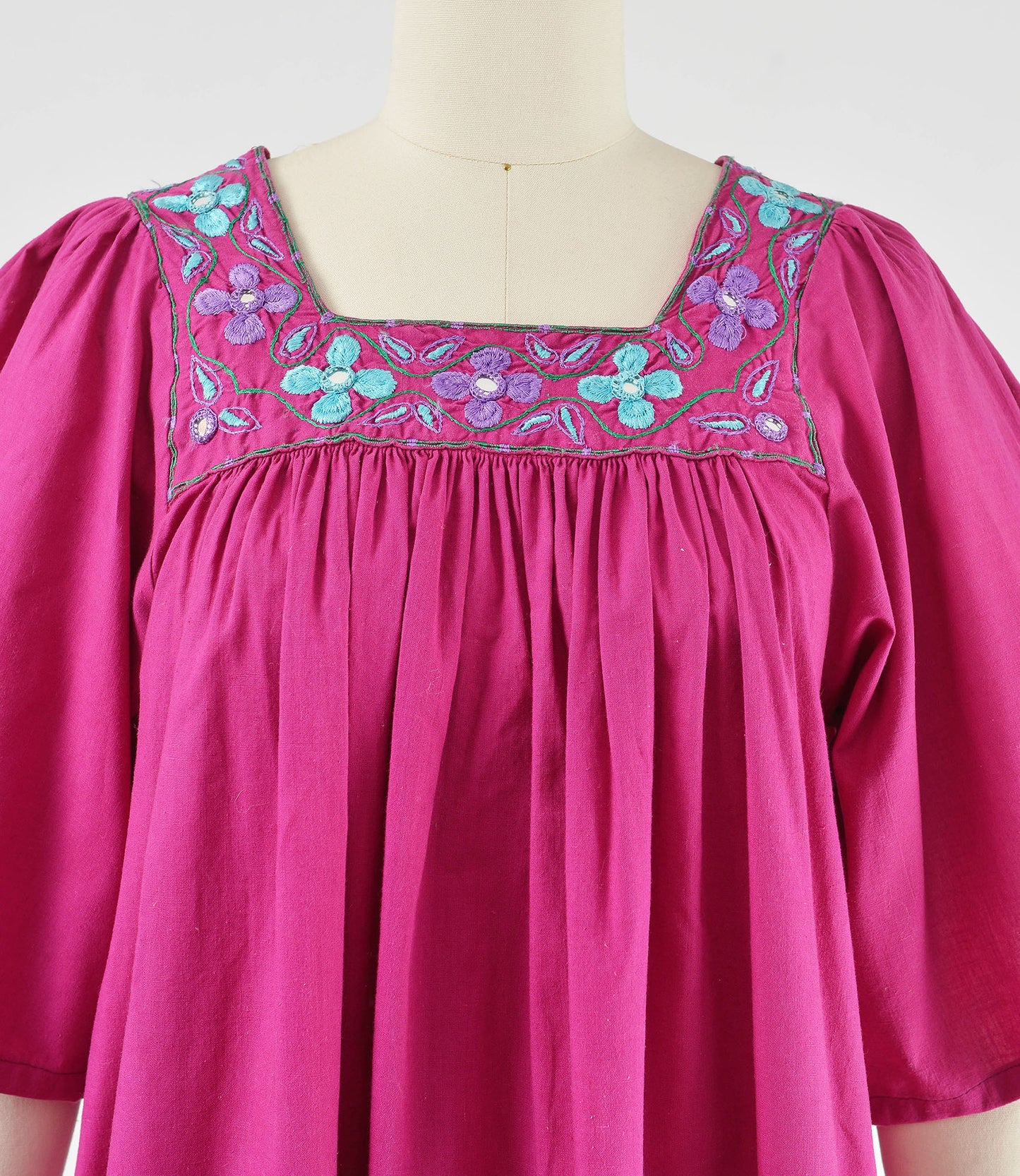 Vintage 80s Purple Boho Embroidered Cotton Full Ruffle Tent Dress with Pockets size S