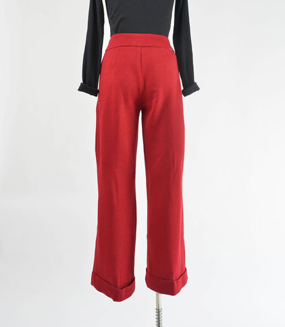 Vintage 70s Cranberry Red Knit Pants High Waisted Wide Leg Trousers size S