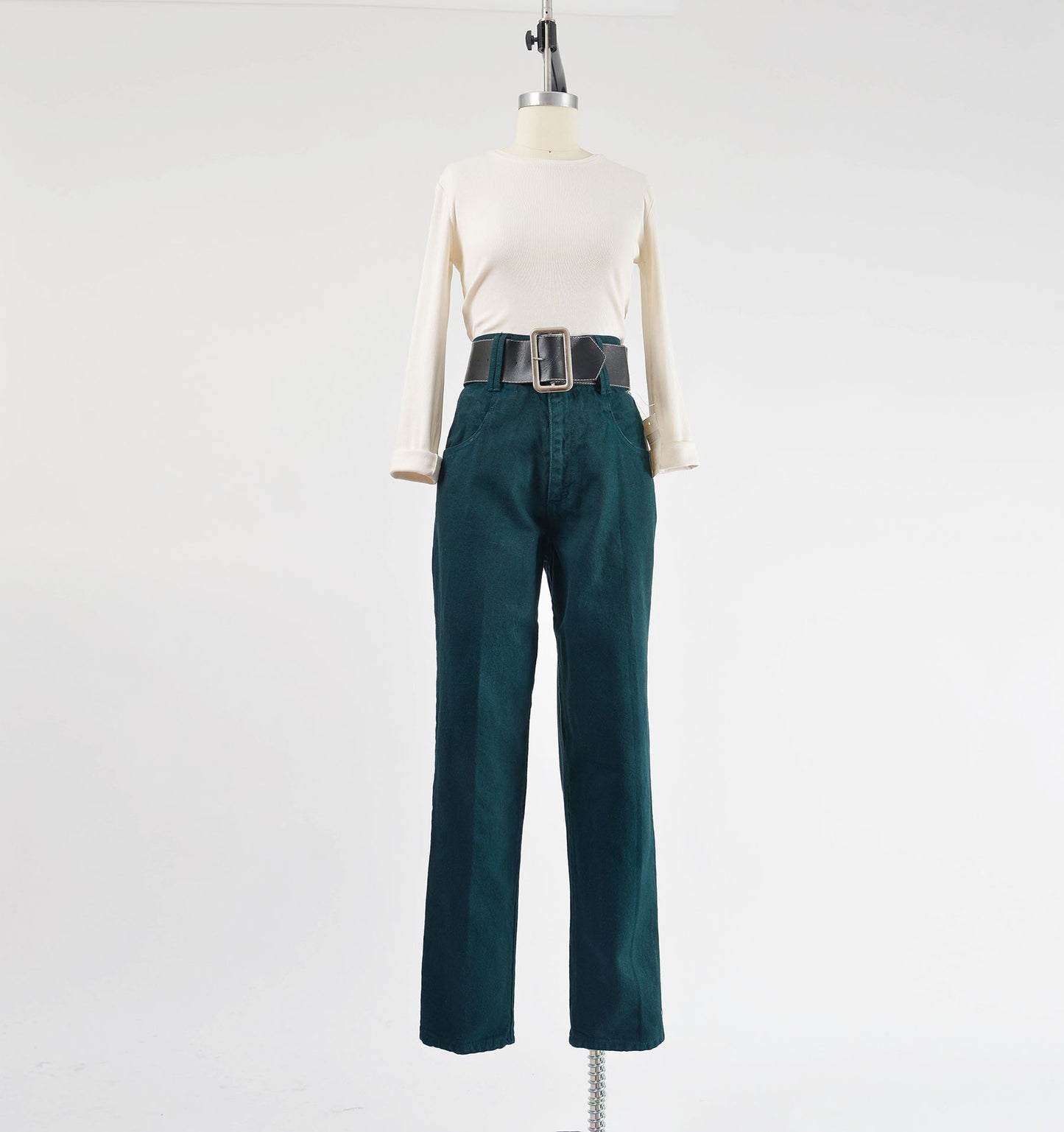 Vintage 90s Forest Green Ultra High Waisted Tapered Leg Jeans with Belt size L