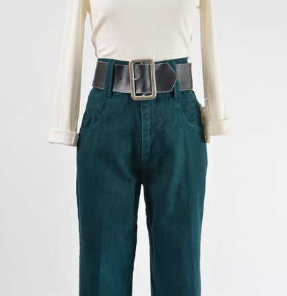 Vintage 90s Forest Green Ultra High Waisted Tapered Leg Jeans with Belt size L