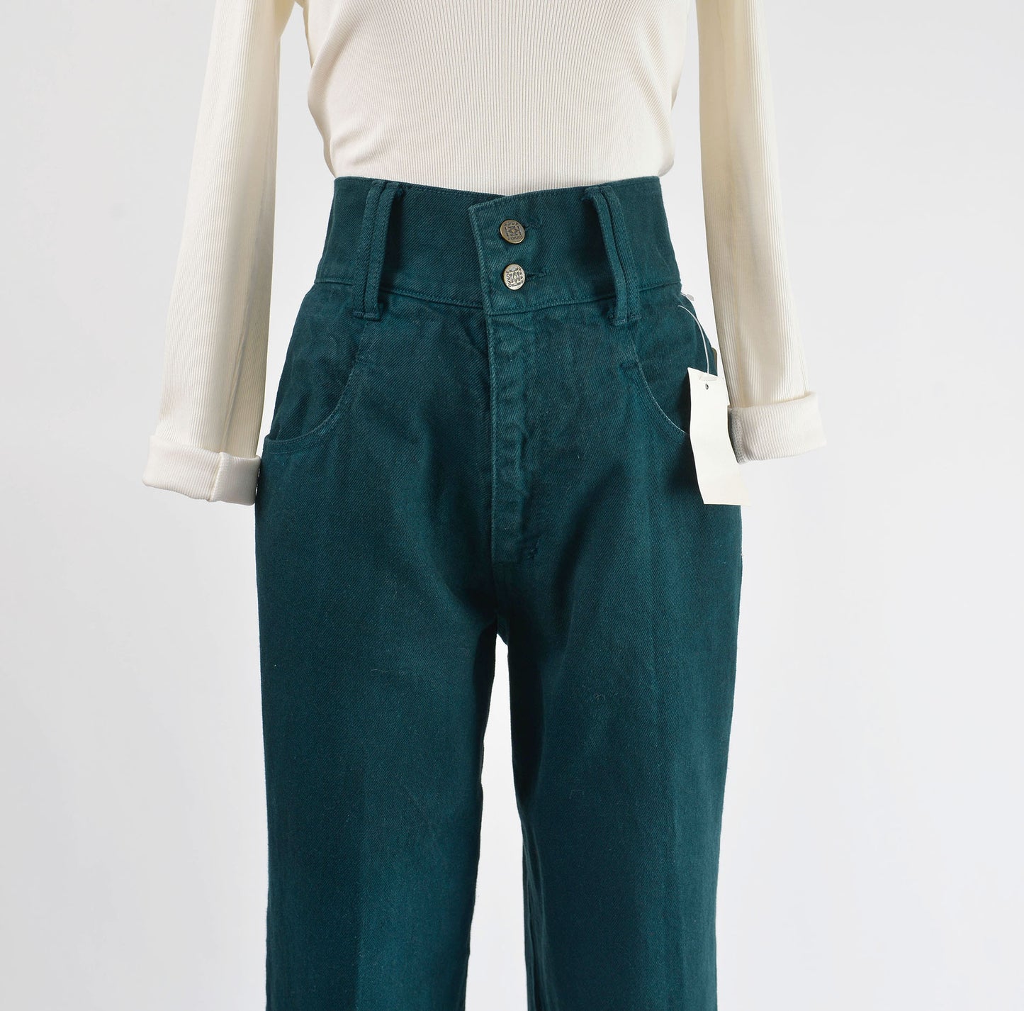 Vintage 90s Forest Green Ultra High Waisted Tapered Leg Jeans with Belt size L