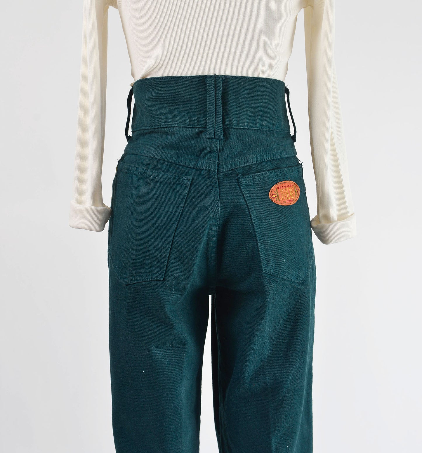 Vintage 90s Forest Green Ultra High Waisted Tapered Leg Jeans with Belt size L