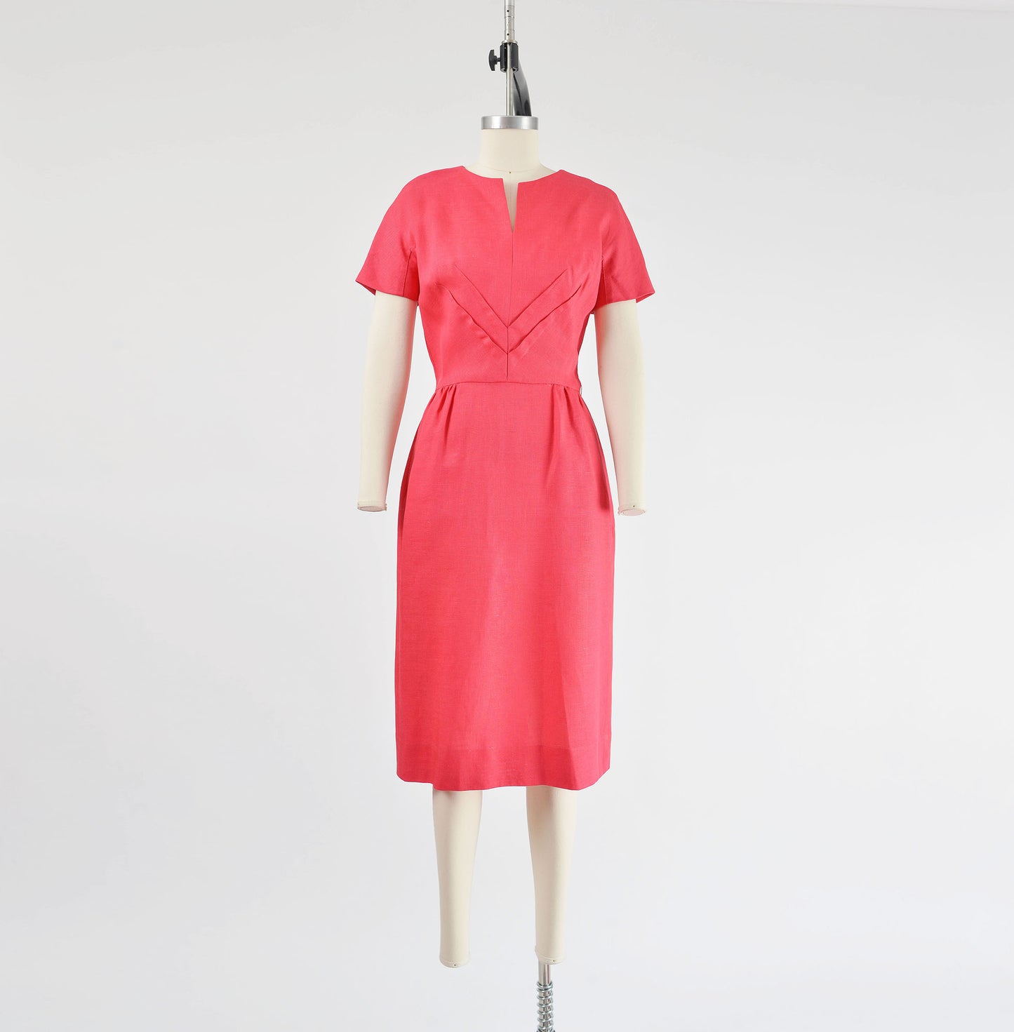 Vintage 60s Pink Linen Midi Length Sheath Dress with Pockets size S