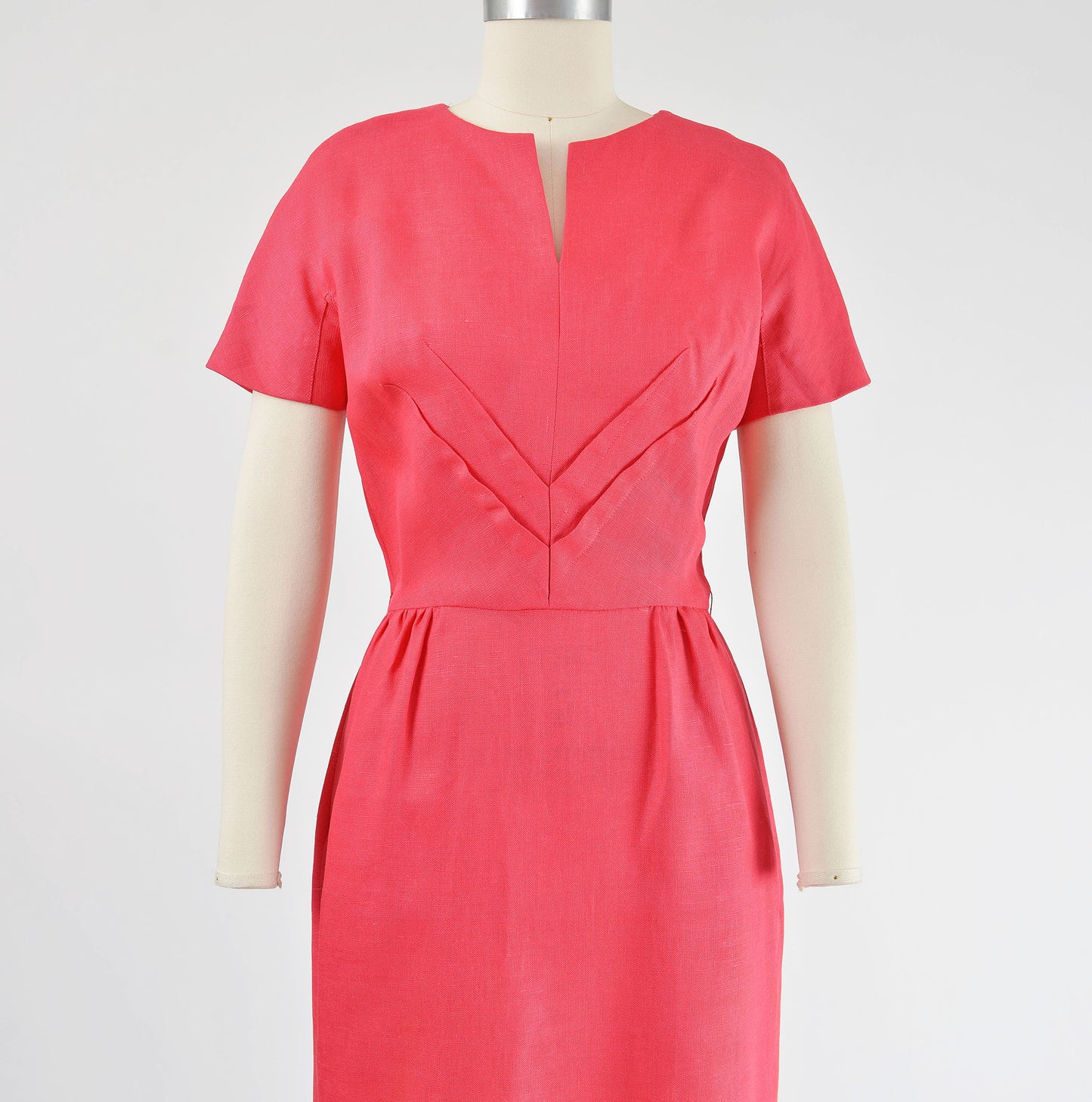 Vintage 60s Pink Linen Midi Length Sheath Dress with Pockets size S