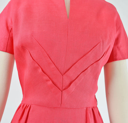 Vintage 60s Pink Linen Midi Length Sheath Dress with Pockets size S