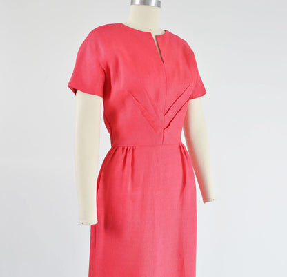 Vintage 60s Pink Linen Midi Length Sheath Dress with Pockets size S