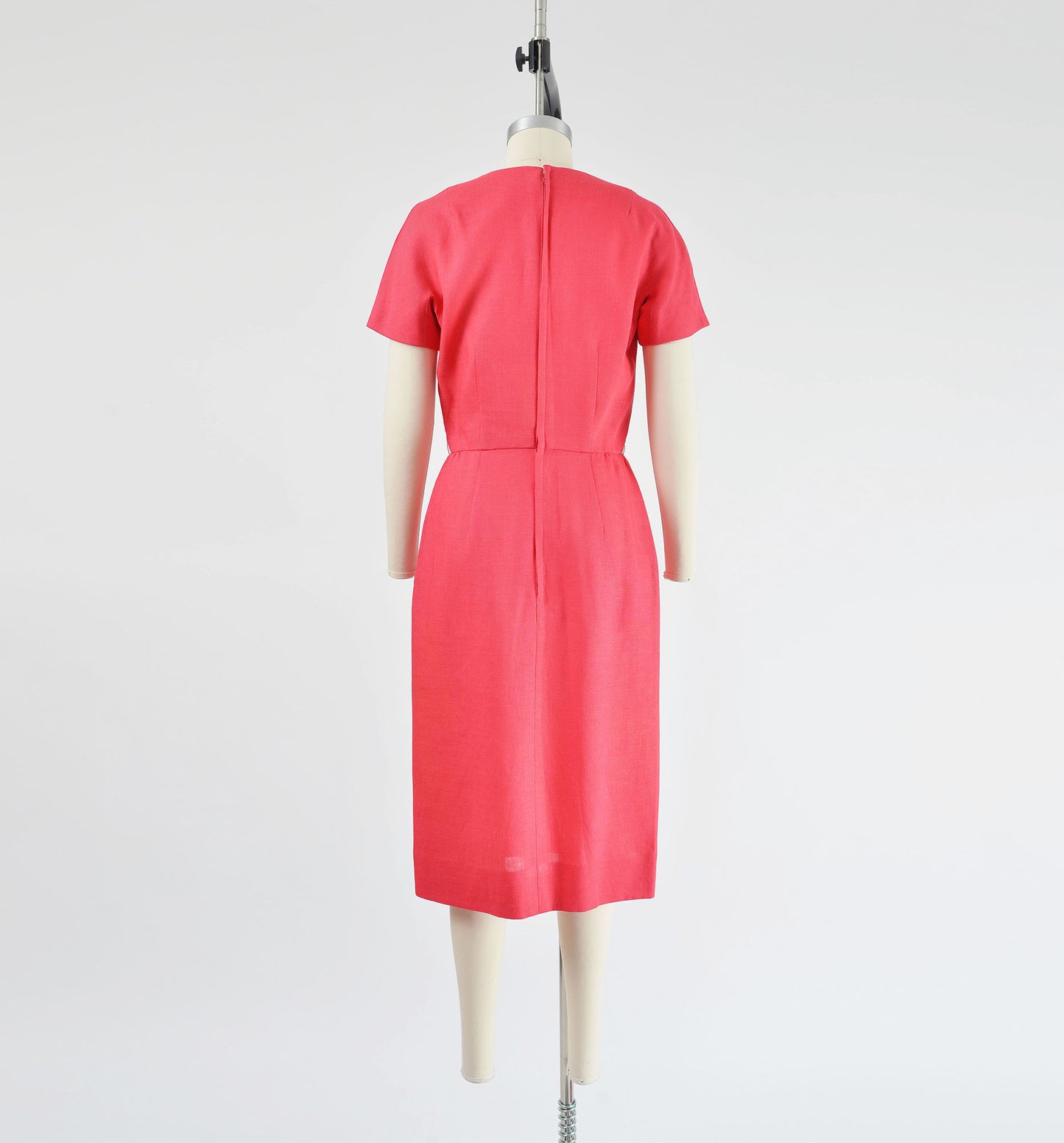 Vintage 60s Pink Linen Midi Length Sheath Dress with Pockets size S