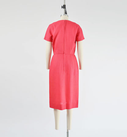 Vintage 60s Pink Linen Midi Length Sheath Dress with Pockets size S