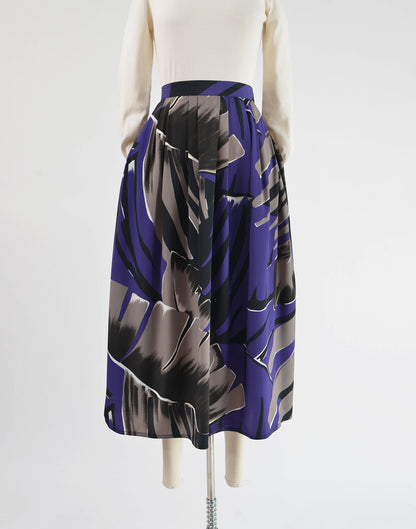 Vintage 90s Purple Leaf Print Full Pleated Midi Skirt with Pockets size L