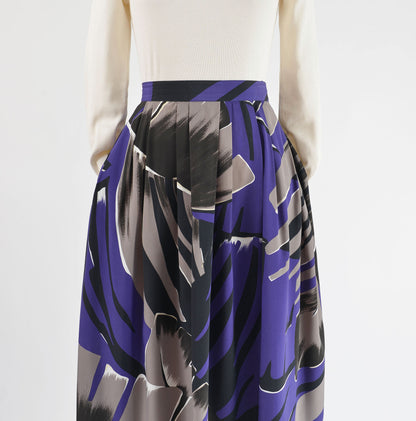 Vintage 90s Purple Leaf Print Full Pleated Midi Skirt with Pockets size L