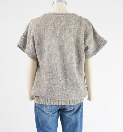 Vintage 80s Taupe Gray Embellished Lace and Sequin Cotton Sweater size M