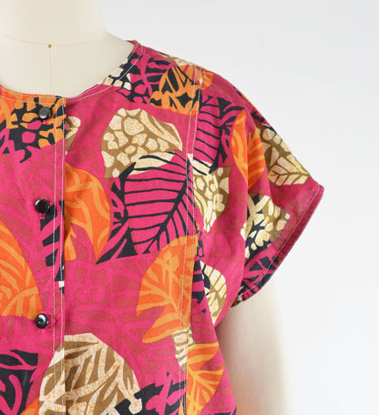 Vintage 90s Pink Leaf Print Cap Sleeve Tie Waist Cotton Shirt size L