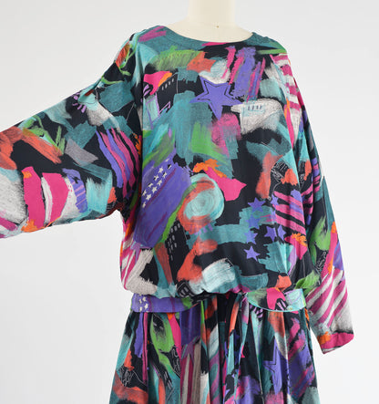 Vintage 80s Carole Little Abstract Artsy Print Blouson Fit Drop Waist Dress size M