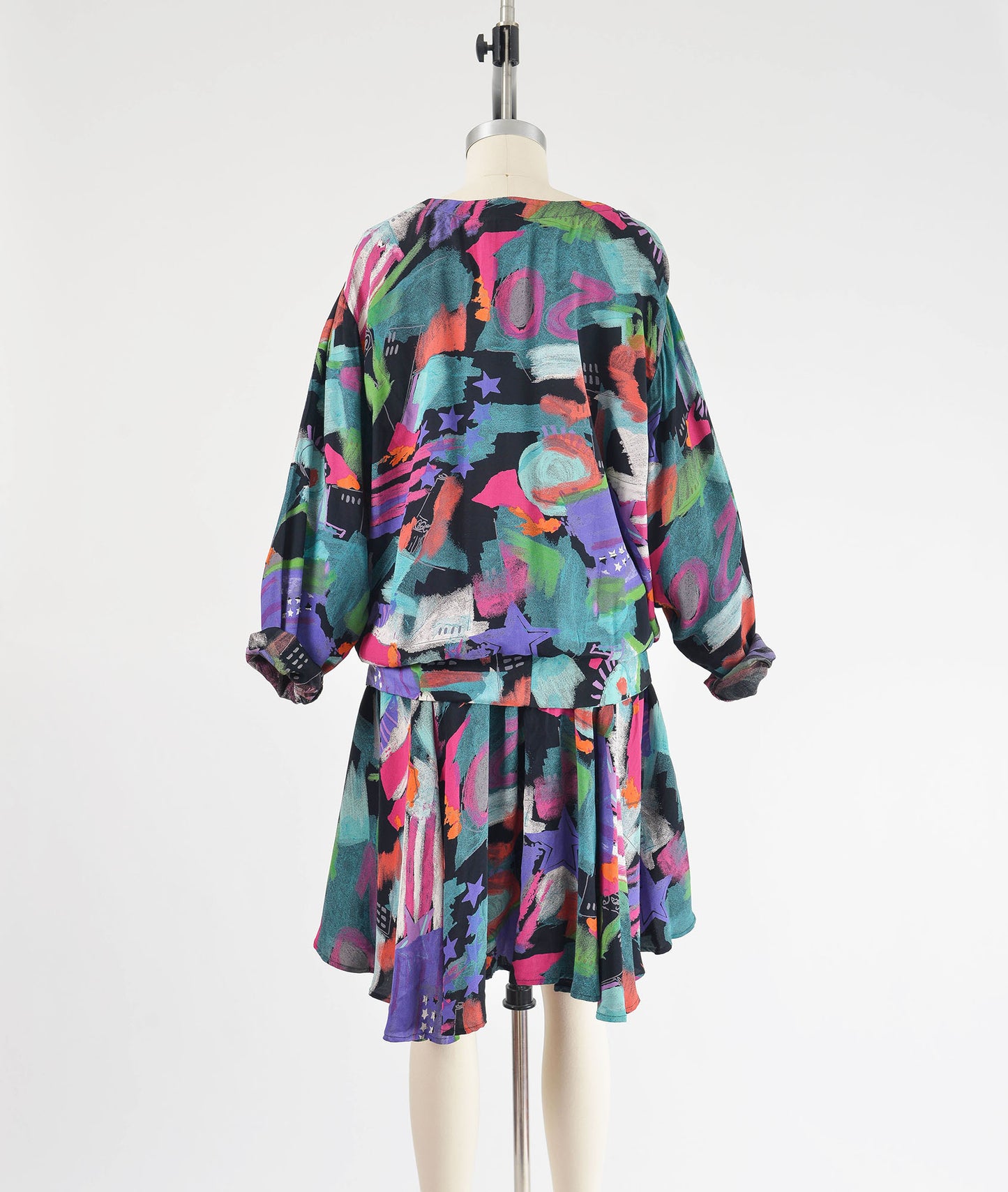 Vintage 80s Carole Little Abstract Artsy Print Blouson Fit Drop Waist Dress size M