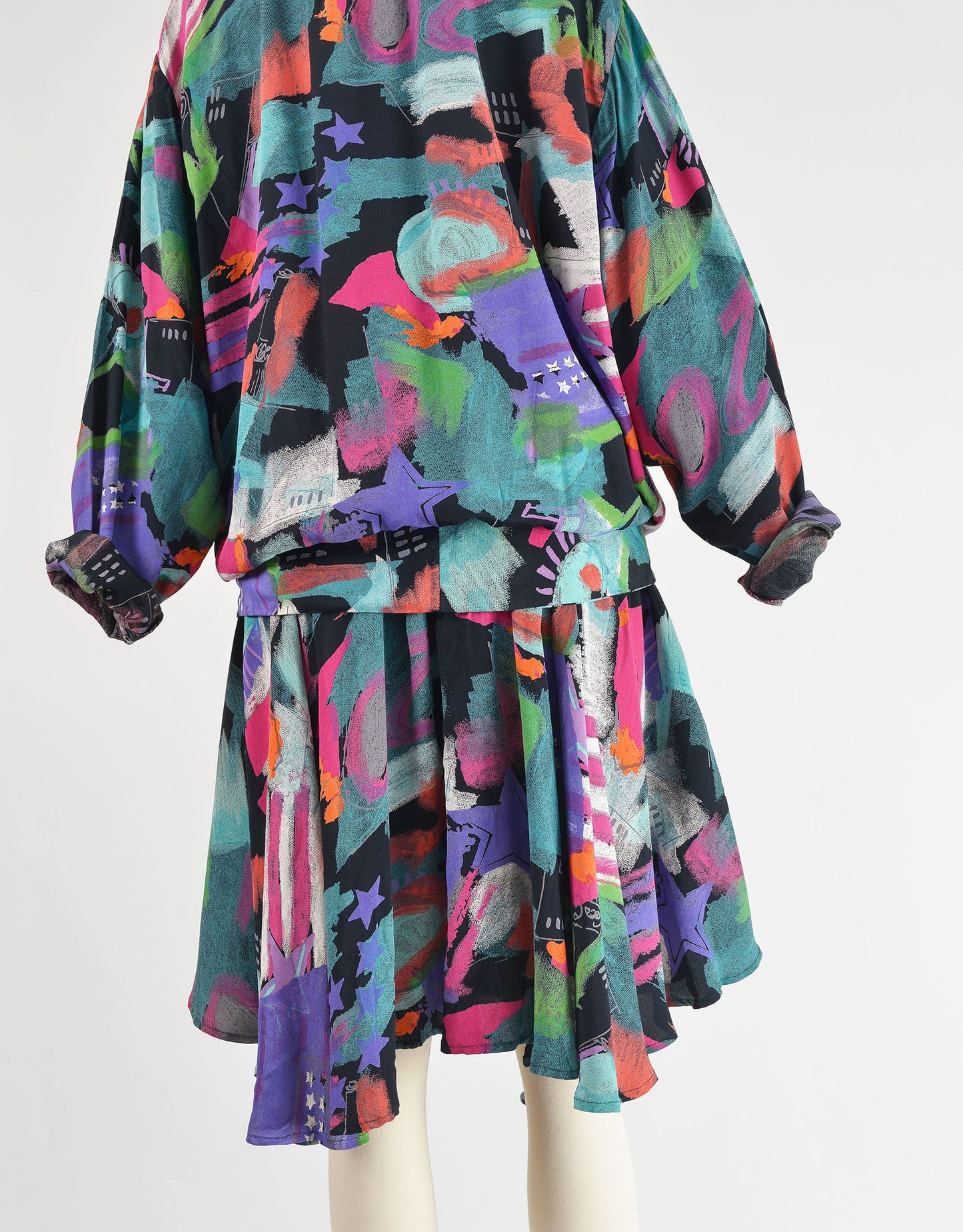 Vintage 80s Carole Little Abstract Artsy Print Blouson Fit Drop Waist Dress size M