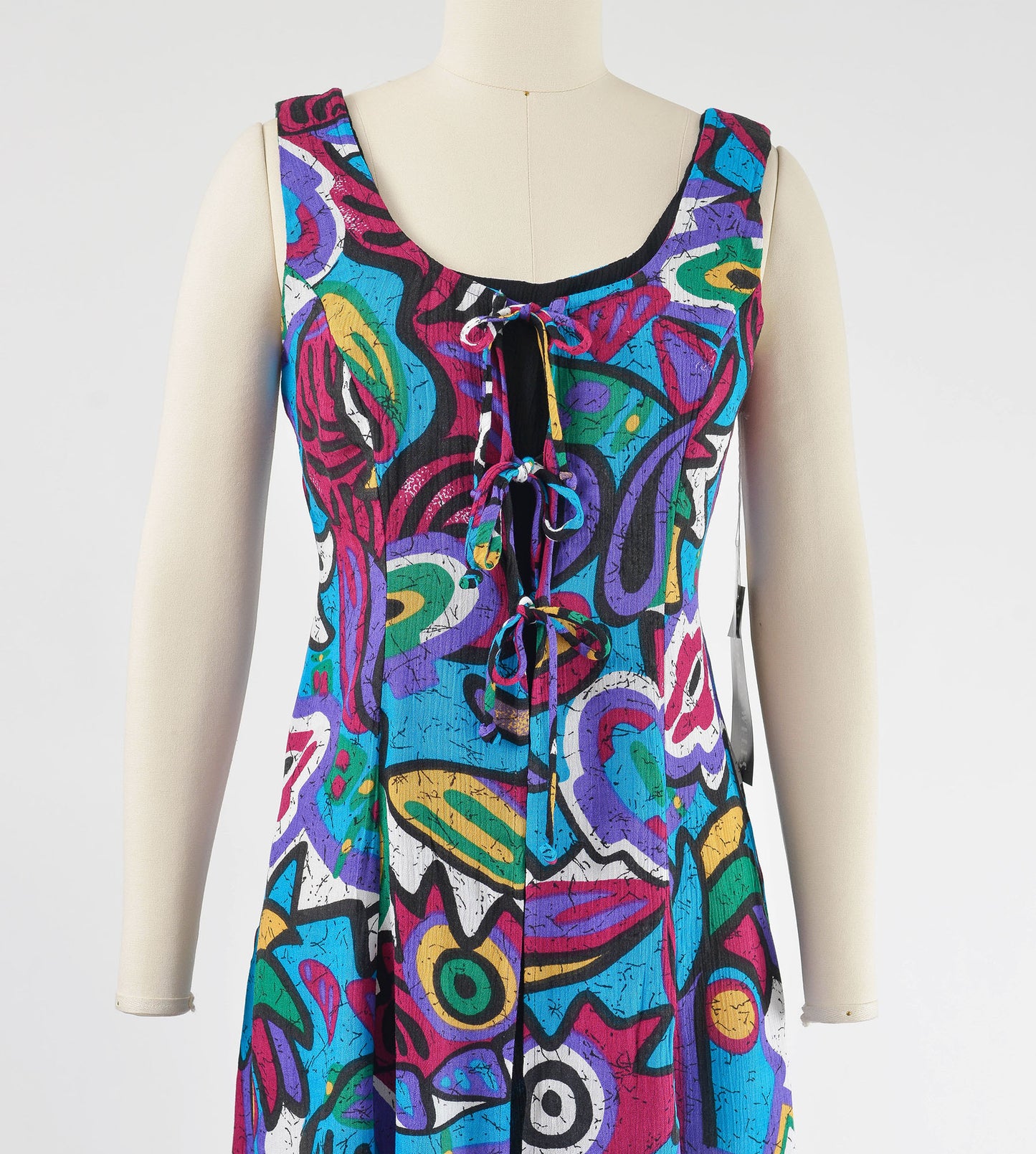 Vintage 90s Abstract Print Layered Tie Front Boho Sleeveless Shift Dress size S M