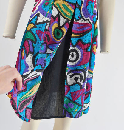 Vintage 90s Abstract Print Layered Tie Front Boho Sleeveless Shift Dress size S M