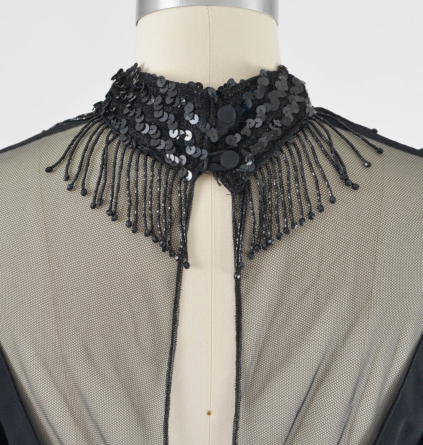 Vintage 80s Black Sheer Mesh Neck Beaded Fringe Puff Sleeve Party Dress size S