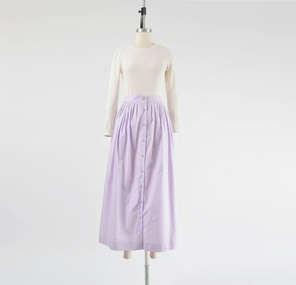 Vintage 80s Lavender Purple Cotton Full Button Front Maxi Skirt with Pockets size S