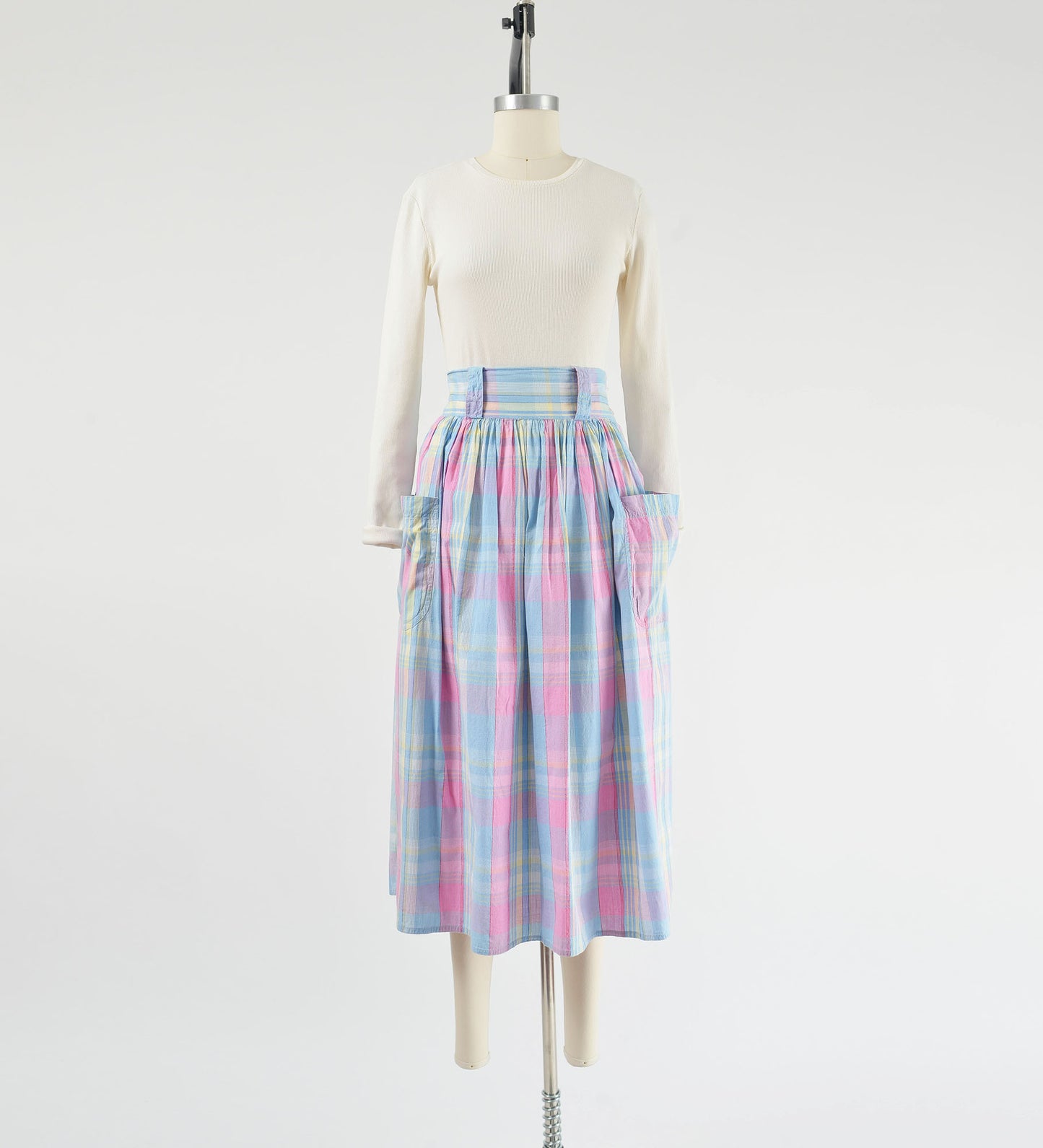 Vintage 80s does 50s Pastel Plaid Cotton High Waisted Full Midi Skirt with Pockets size M