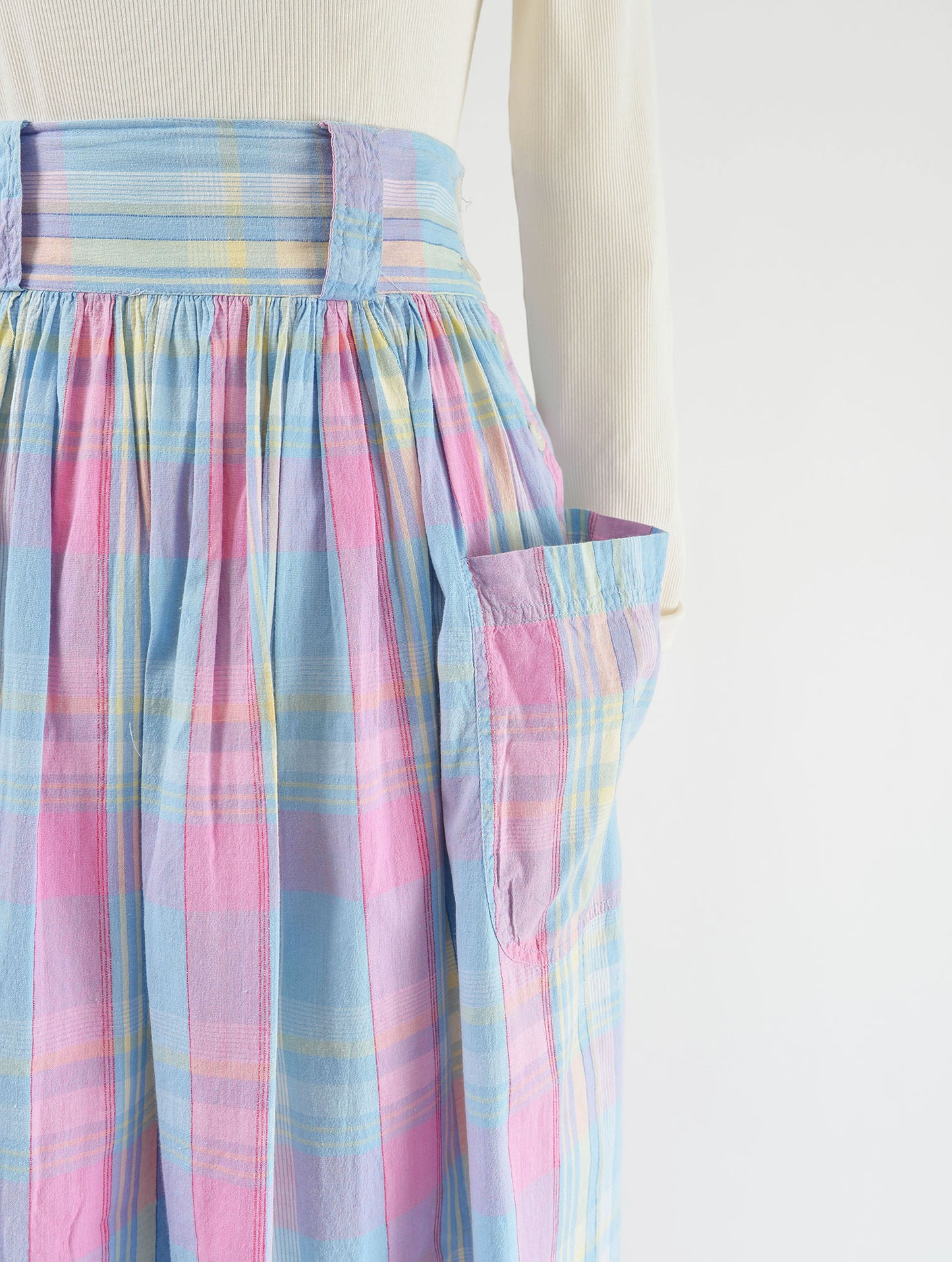 Vintage 80s does 50s Pastel Plaid Cotton High Waisted Full Midi Skirt with Pockets size M