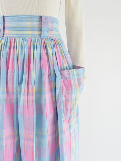 Vintage 80s does 50s Pastel Plaid Cotton High Waisted Full Midi Skirt with Pockets size M