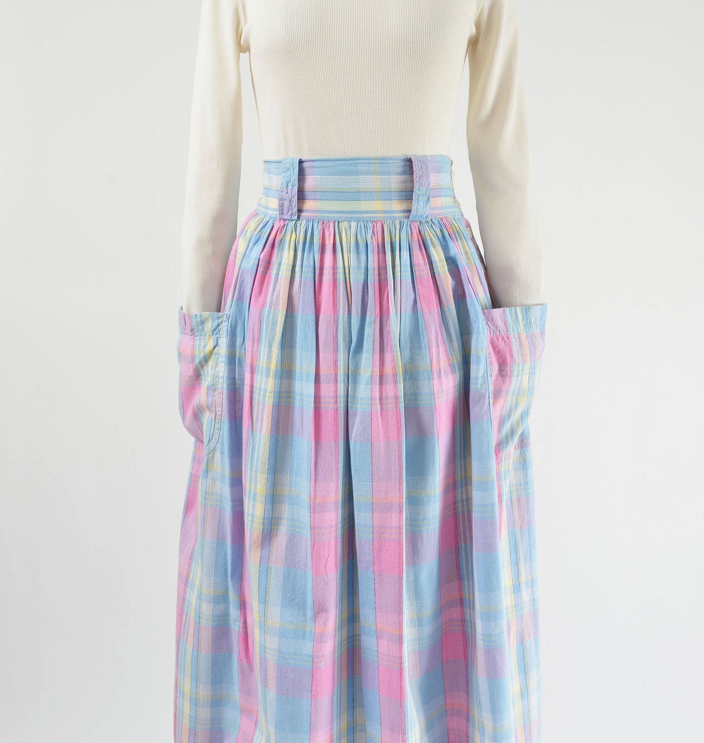 Vintage 80s does 50s Pastel Plaid Cotton High Waisted Full Midi Skirt with Pockets size M