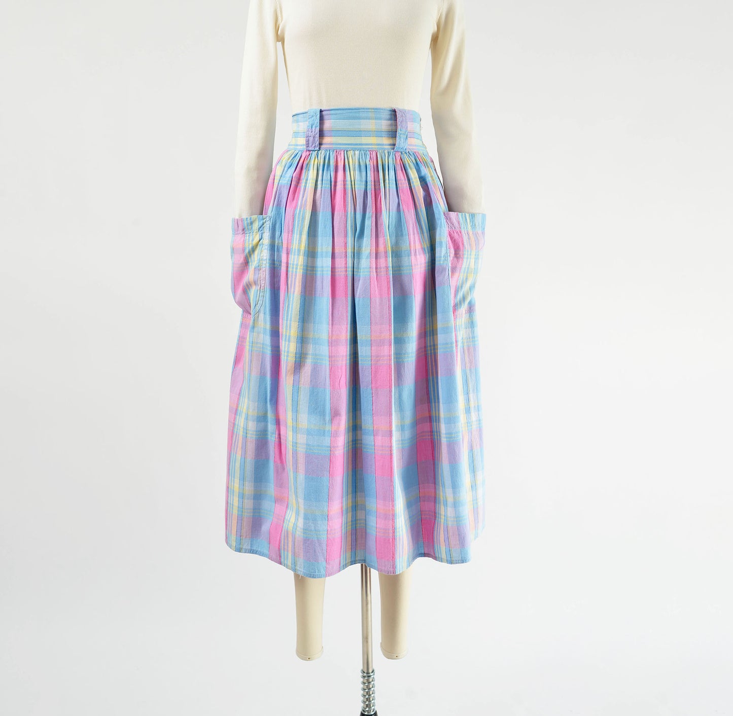 Vintage 80s does 50s Pastel Plaid Cotton High Waisted Full Midi Skirt with Pockets size M