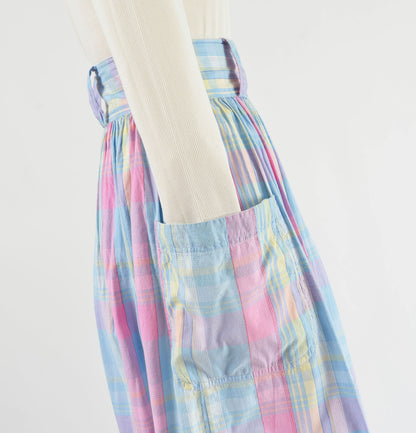 Vintage 80s does 50s Pastel Plaid Cotton High Waisted Full Midi Skirt with Pockets size M