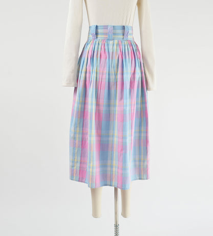 Vintage 80s does 50s Pastel Plaid Cotton High Waisted Full Midi Skirt with Pockets size M