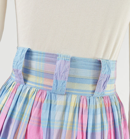 Vintage 80s does 50s Pastel Plaid Cotton High Waisted Full Midi Skirt with Pockets size M