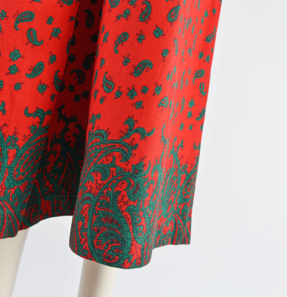 Vintage 80s Red and Green Paisley Cotton A-line Pleated Midi Skirt size S