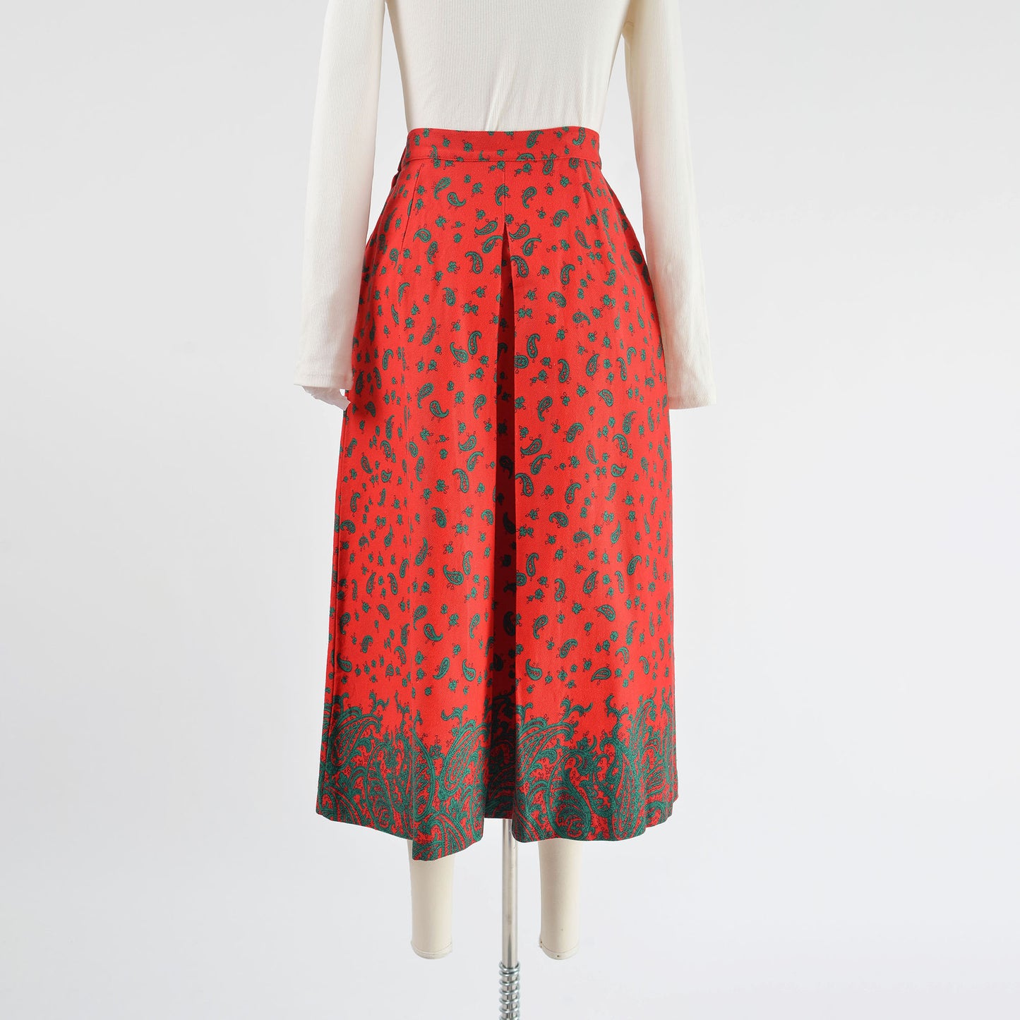 Vintage 80s Red and Green Paisley Cotton A-line Pleated Midi Skirt size S