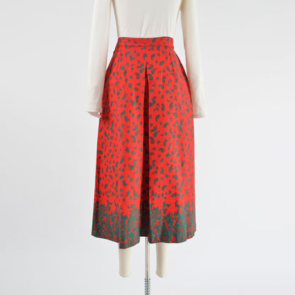 Vintage 80s Red and Green Paisley Cotton A-line Pleated Midi Skirt size S