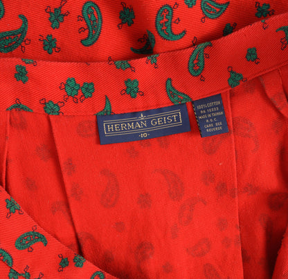 Vintage 80s Red and Green Paisley Cotton A-line Pleated Midi Skirt size S