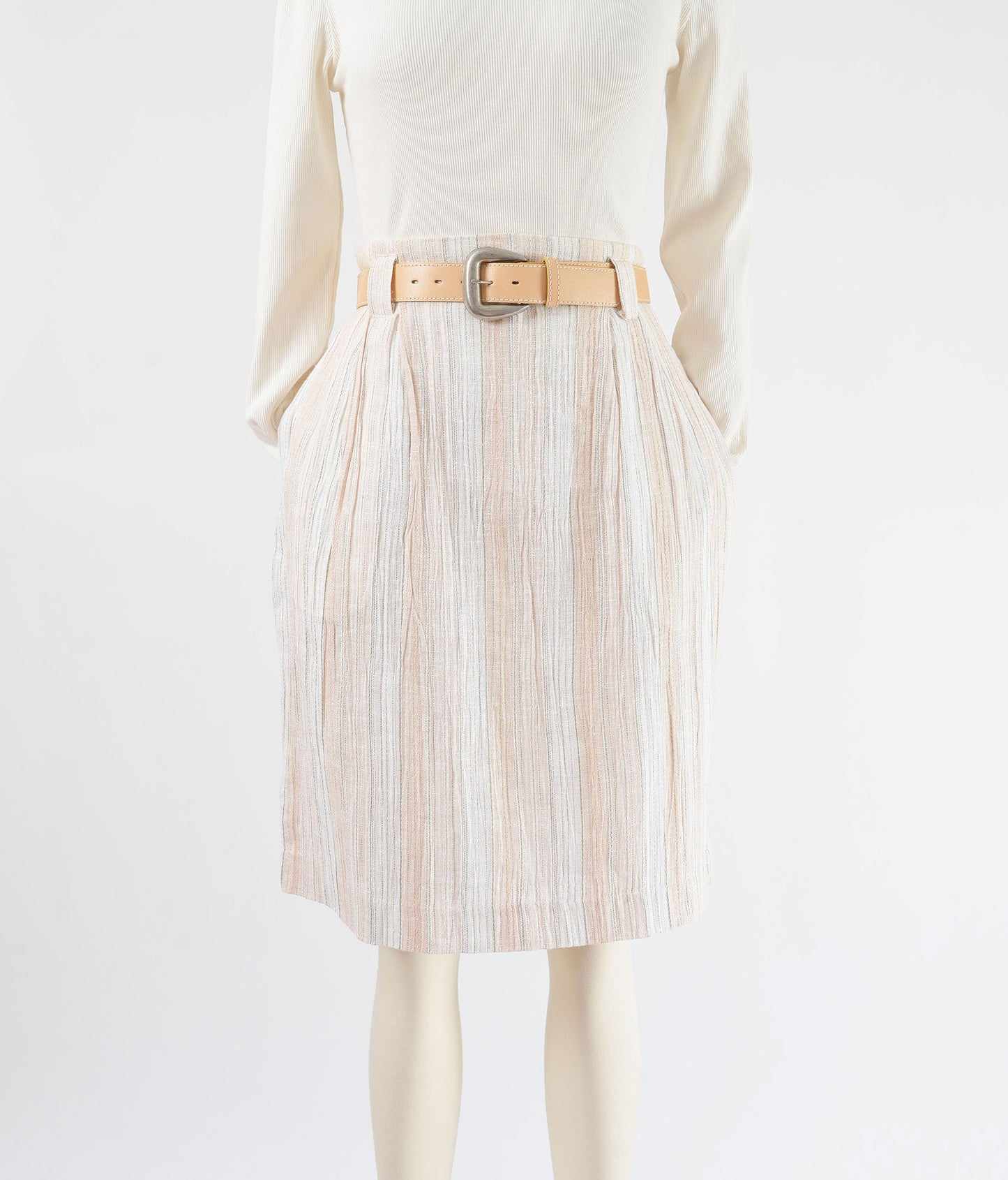 Vintage 90s White Linen Cotton Striped Pencil Skirt with Pockets and Belt size M